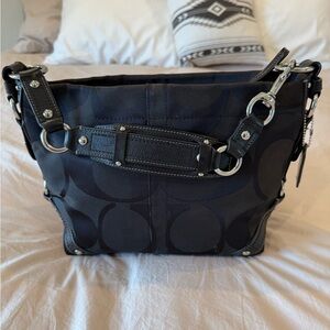 Coach Signature Black Canvas Shoulder Hobo with Silver Hardware